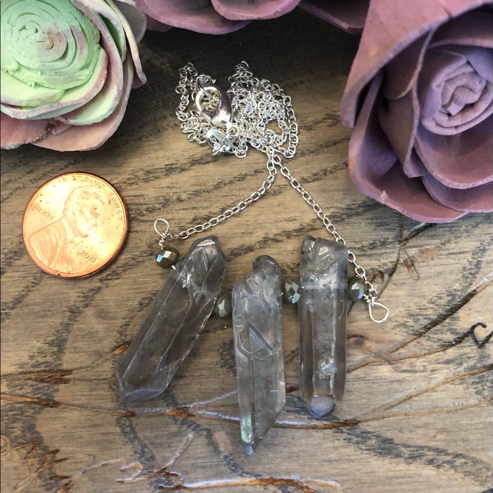 Smoky grey crystal quartz points necklace